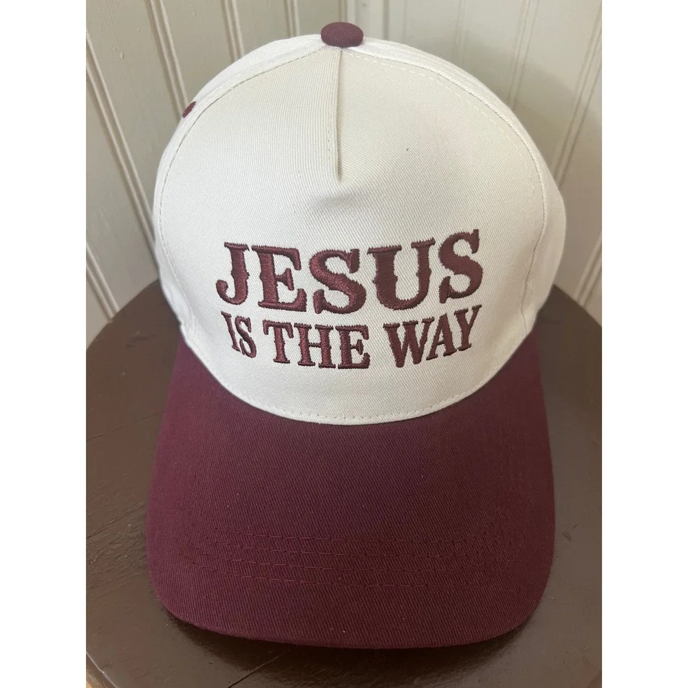Jesus Is The Way Christian Baseball Cap Hat Cream Burgundy Embroidered Trucker
